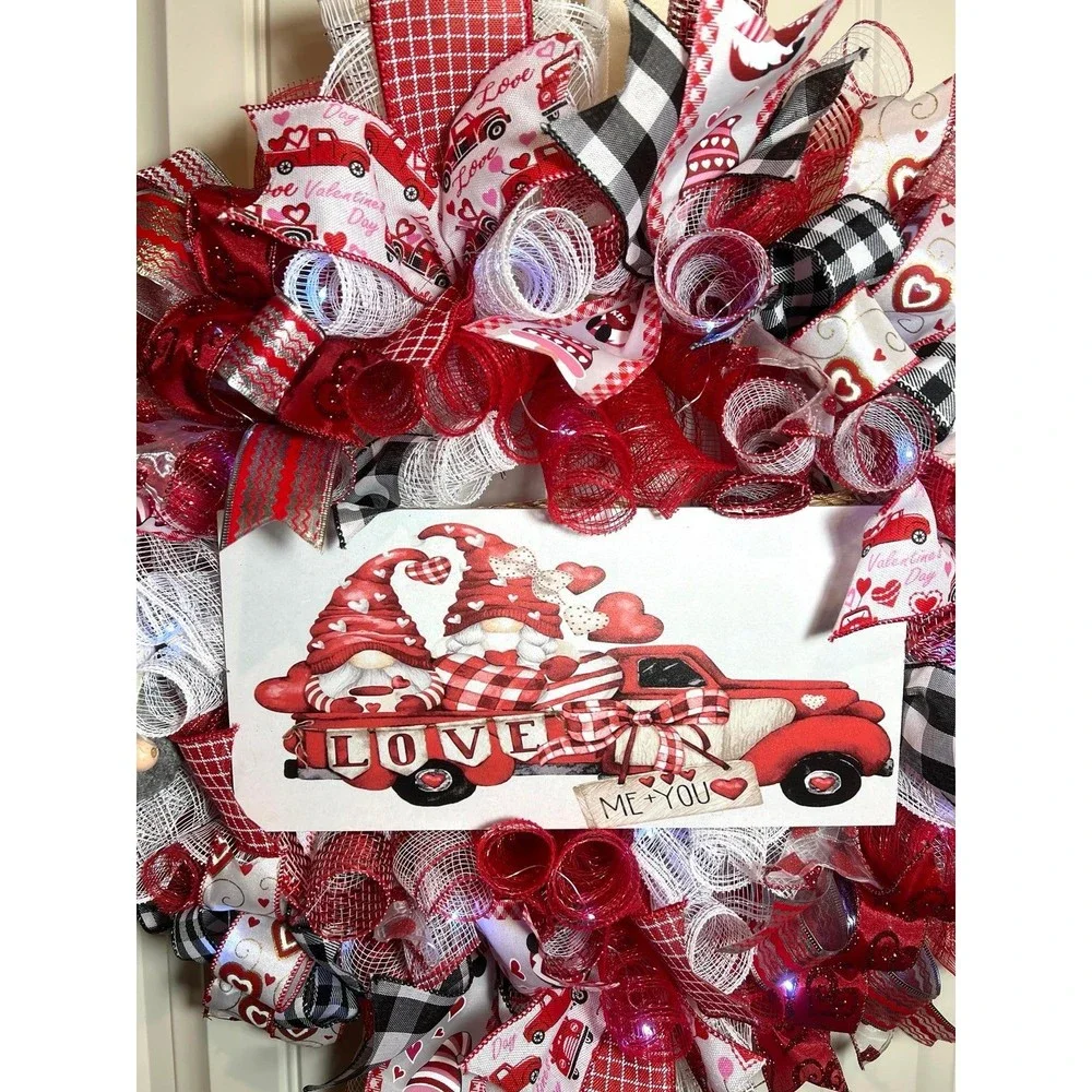 Handmade Valentine’s Gnome LOVE Truck Ribbon Prelit Wreath 22 ins LED W15